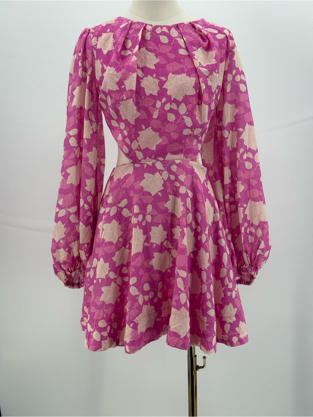 Bardot Pink Floral Mini Dress Puff Sleeve Cutout Fit & Flare Party Cocktail SZ L - Picture 4 of 13